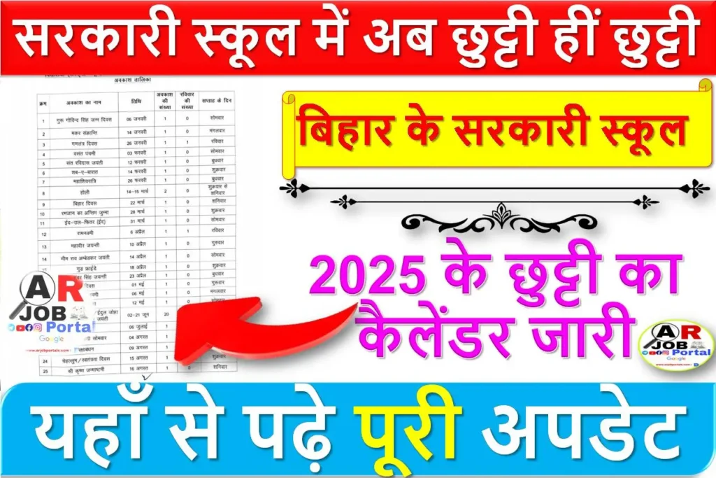 बिहार के सरकारी स्कूल में अब छुट्टी हीं छुट्टी | 2025 के छुट्टी का कैलेंडर जारी