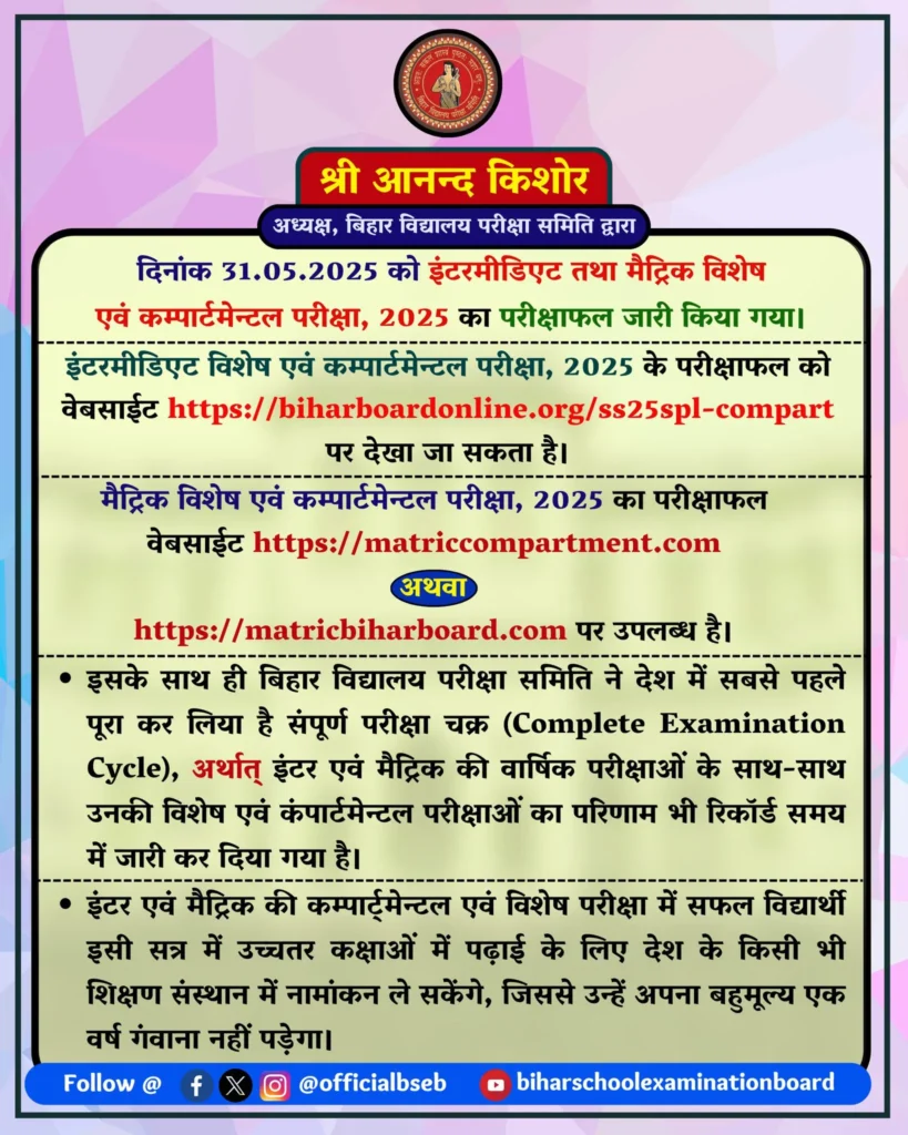 BSEB Class 10th Compartmental Cum Special Exam Result